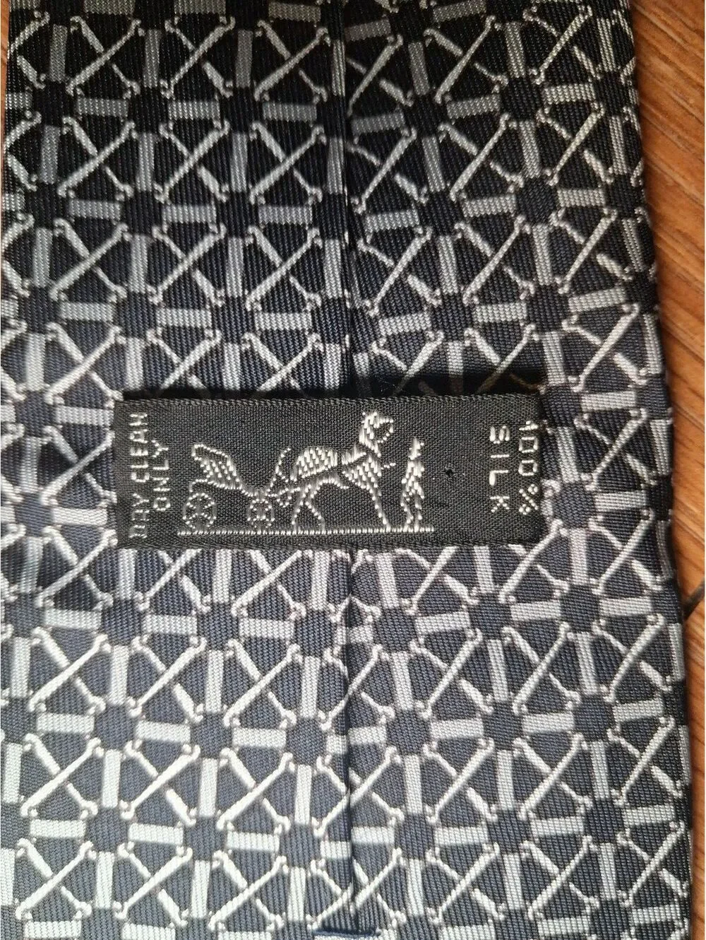 VINTAGE Hermes 100% Silk Tie Black Gray Geometric France